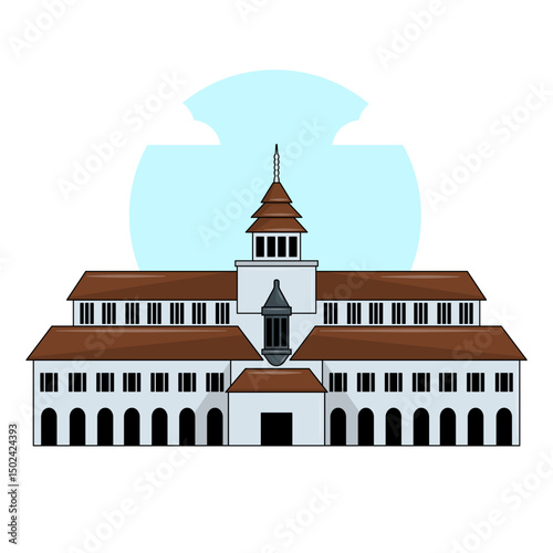 Vector illustration of Gedung Sate, a historical government building in Bandung, Indonesia, known for its unique architectural style and iconic skewer ornament on the roof.