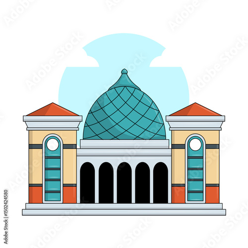 Vector illustration of Masjid Al Akbar Surabaya, a grand mosque in East Java, Indonesia, with a large blue dome and Islamic architectural elements.