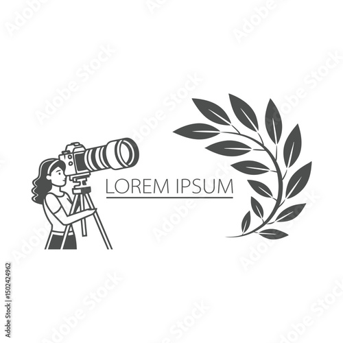 Woman Photographer with Camera on Tripod and Laurel Wreath
