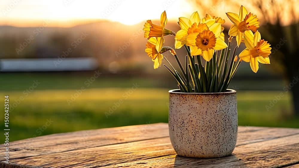 Daffodils in a planter on a wooden table at sunset