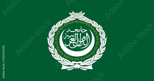 official flag of the arab league featuring emblem with crescent, arabic calligraphy, and green background