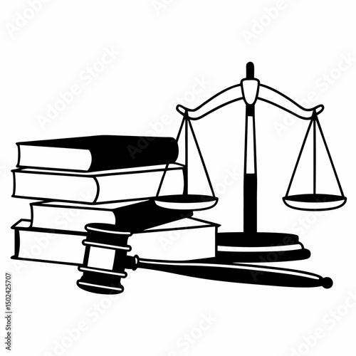 A legal symbol of justice, golden scales and a gavel illustrate the concept of law, equality, and balanced measurement in court