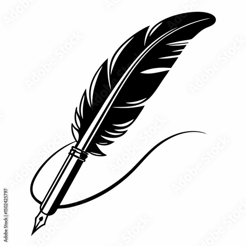 Vector illustration of a single black feather quill pen with ink, isolated on white for writing and literature