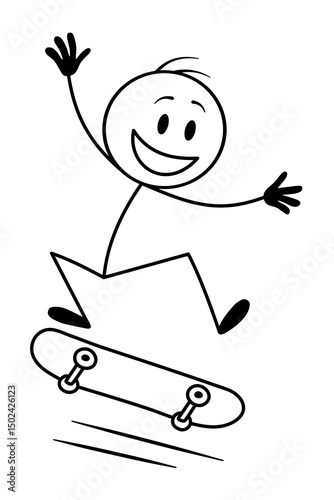 Cartoon stick figure skater performing trick on skateboard. Vector illustration of extreme sports action and movement.