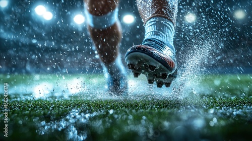 Soccer player's feet propel through rain-soaked field