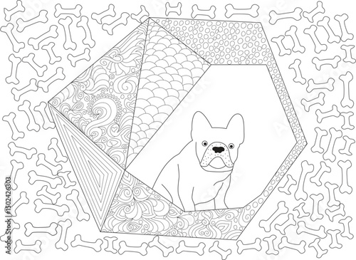 French Bulldog Coloring Page with Patterned Dog House and Bones, Line art illustration for a coloring page featuring a cute French Bulldog sitting inside a stylized geometric dog house with 