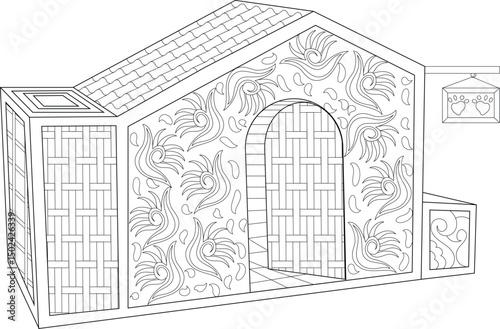 Decorative Dog House Line Art, Detailed black and white line art illustration of an ornate dog house featuring decorative patterns, a tiled roof, and a small sign. 