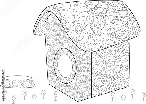 Abstract Pattern Dog House Coloring Page, Line art illustration of a decorative dog house with abstract patterns, paw prints, and a food bowl, perfect for coloring books, relaxation, or crafting 
