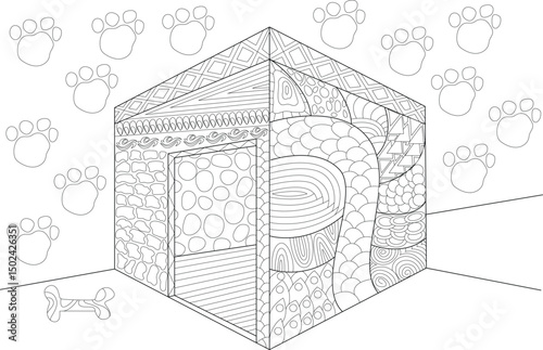 Abstract Dog House Coloring Page with Paw Prints, Black and white line art illustration of a dog house with intricate Zentangle-style patterns on its sides. Surrounding the dog house are outlines of 