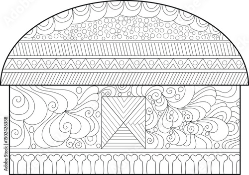 Stylized Dog House Line Art with Intricate Patterns, Black and white line art illustration of a stylized dog house featuring intricate patterns and designs, perfect for coloring or as a decorative 