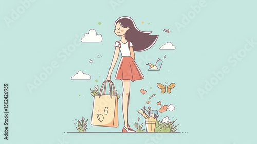 Girl carrying a shopping bag, enjoying spring.