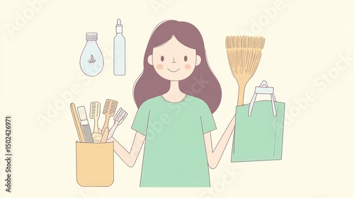 Happy woman holding eco-friendly cleaning supplies and toiletries.