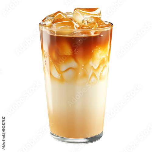Iced latte Vietnamese Ca Phe Sua Da made with cold milk and espresso in tall clear glass, isolated on white transparent background, concept of summer drink