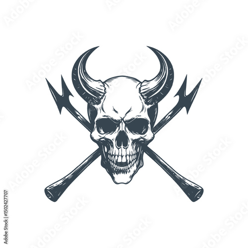 Skull with horns and crossed pitchforks illustration