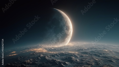 Celestial Embrace: Witness the mesmerizing celestial dance as a colossal moon hovers above a planet, its surface lit by the radiant glow of sunlight.