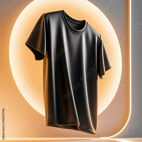 Black T-shirt mockup, front and back view, isolated on black background