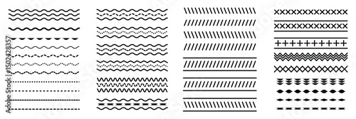 Set of seamless borders zigzag, cross, plus, etc. Graphic design elements. Set of wavy horizontal lines. Vector border design element. 