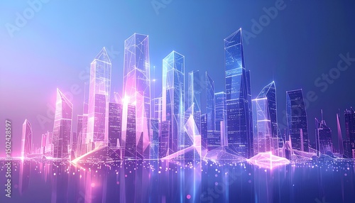 Neon Twilight Skyline: Abstract Urban Landscape with Data-Driven Buildings and Glowing Structures