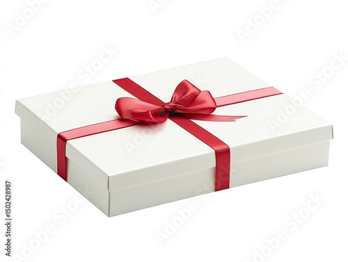 A pristine white gift box, adorned with a vibrant red ribbon bow, sits angled on a plain white background.  The box is rectangular and closed