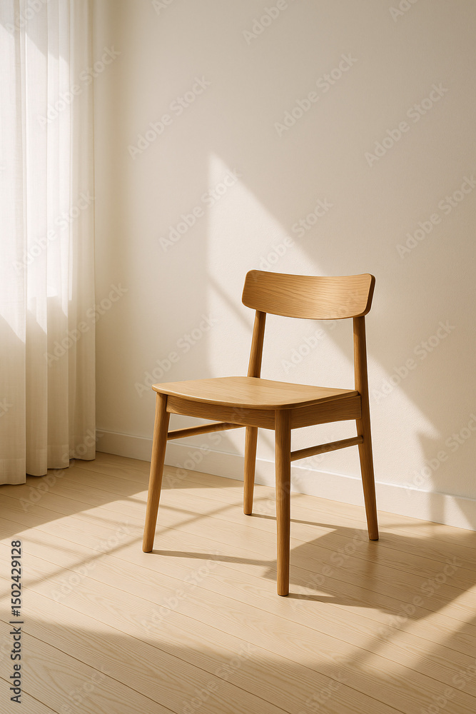 Fototapeta premium Simple Wooden Chair in Sunlit Room Minimalist Interior Design