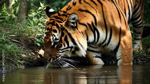 Tiger Drinking Water Close-Up in Natural Habitat