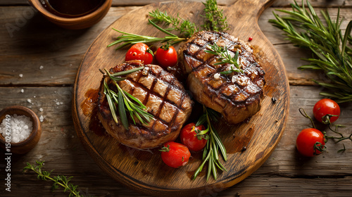 Rustic food scene with grilled steaks