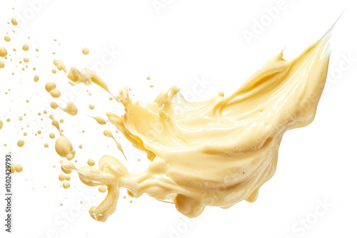 A dynamic splash of pale yellow creamy substance,  captured mid-air against a black background, showing texture and movement