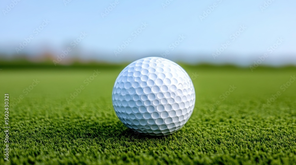 Obraz premium A white golf ball sits on green grass under a clear blue sky, ready for play on a golf course.