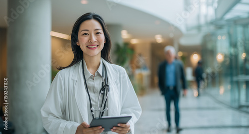 Portrait of a smiling female doctor holding a tablet, walking through a modern hospital hallway