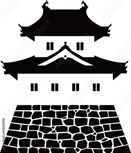 日本の城　二重櫓の白黒イラスト