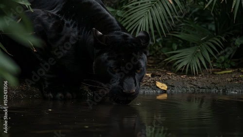 Panther Drinking Water in Tropical Jungle Habitat