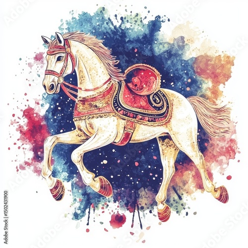 A galloping white horse, adorned with ornate saddle and bridle,  set against a vibrant watercolor splatter background
