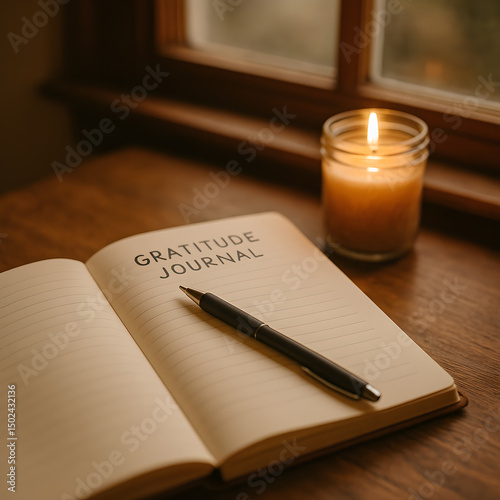 A serene setup with an open gratitude journal and a glowing candle, promoting mindfulness and reflection.