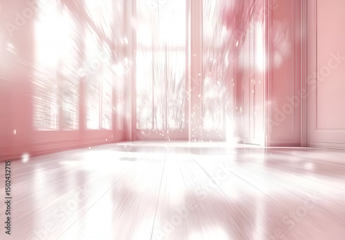 Interior perspective view of an empty room bathed in soft pink light streaming through a large window evoking a feeling of calmness and serenity.