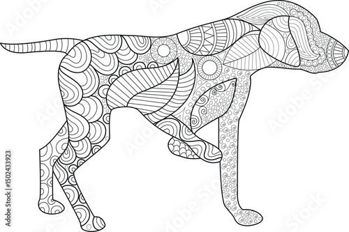 Abstract Pattern Dog Line Art for Coloring, Detailed black and white line art illustration of a dog silhouette filled with intricate abstract patterns, ideal for coloring books, art therapy, 