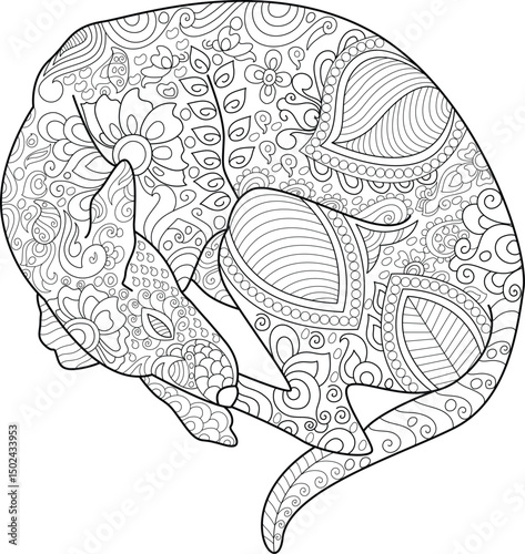 Zentangle Stylized Animal (Dog or Cat) Pattern Coloring Page, Detailed black and white line art illustration of a stylized animal, possibly a dog or cat, curled up and sleeping. The image features 