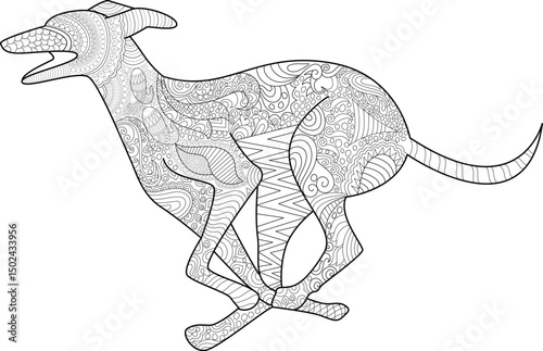 Intricate Patterned Greyhound Dog Running Line Art, Detailed black and white line art illustration of a running greyhound dog adorned with intricate, abstract patterns. Perfect for adult coloring 