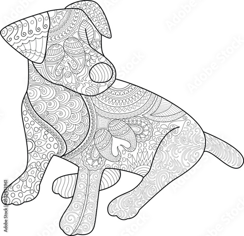 Zentangle Dog Line Art for Coloring, Detailed black and white illustration of a dog filled with intricate zentangle and mandala-inspired patterns. Perfect for adult coloring books, relaxation, art 