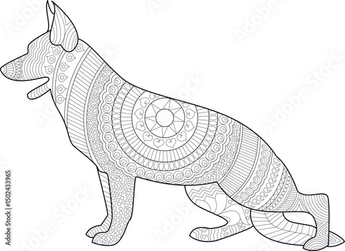 Detailed Patterned Dog Line Art for Coloring, Intricate line art illustration of a dog filled with detailed patterns and mandalas, perfect for adult coloring books, relaxation, or decorative 