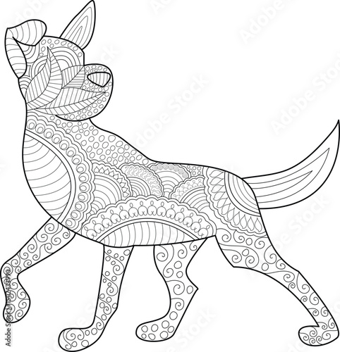 Abstract Patterned Dog Illustration, Black and white line art illustration of a walking dog filled with intricate abstract patterns. Perfect for coloring books, mindfulness activities, and 