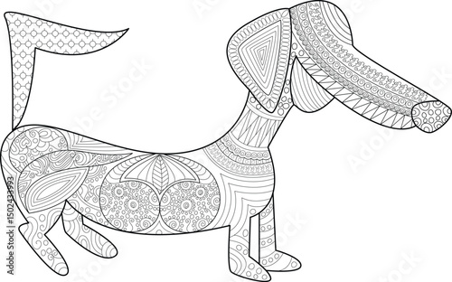 Patterned Dachshund Line Art Illustration, Black and white line art illustration of a stylized dachshund dog filled with intricate patterns and designs. Perfect for coloring books, crafts, and 