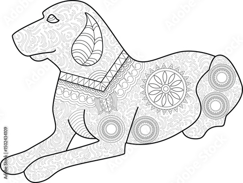 Detailed Dog Coloring Page Illustration with Patterns, Black and white line art illustration of a dog lying down, filled with intricate patterns suitable for coloring. Perfect for adult and kids 