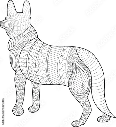 Intricate Patterned Dog Line Art for Coloring Book, A black and white outline illustration of a dog filled with detailed and decorative patterns, perfect for use in adult coloring books or 
