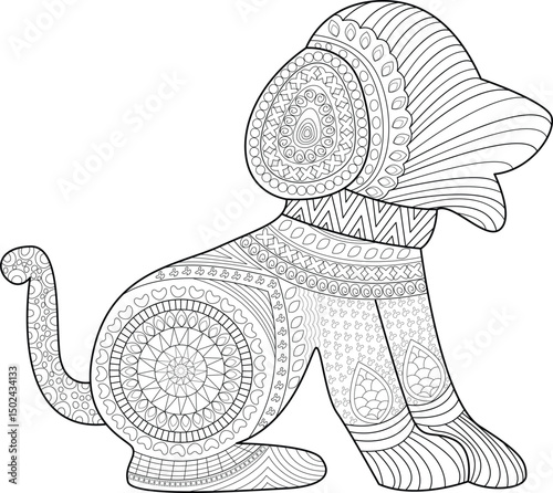 Zentangle Style Dog Line Art for Coloring, An intricate black and white line drawing of a seated dog adorned with detailed patterns and mandalas in a zentangle style, perfect for adult coloring 