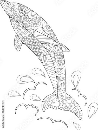 Zentangle Style Dolphin Jumping Line Art for Coloring Book, Detailed black and white line art illustration of a dolphin jumping out of the water, rendered in a decorative zentangle or mandala 