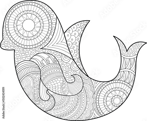 Zentangle Dolphin Line Art, Detailed black and white line art illustration of a stylized dolphin with intricate zentangle and mandala patterns, perfect for coloring books, relaxation, stress relief, 