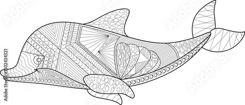 Zentangle Dolphin Coloring Page, An intricate black and white line art illustration of a dolphin with complex zentangle-inspired patterns, perfect for coloring books, relaxation, and art projects. 