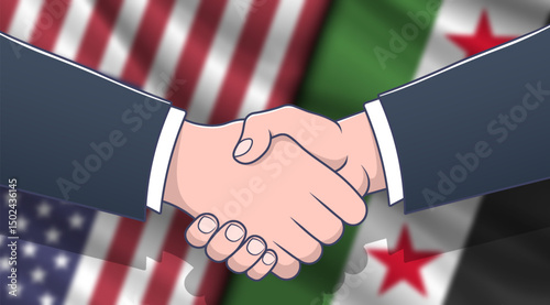 Vector blurred wavy national flags of United States of America and new Syrian Arab Republic. Handshake, deal. Relations between countries. USA and Syria. Political economic banner