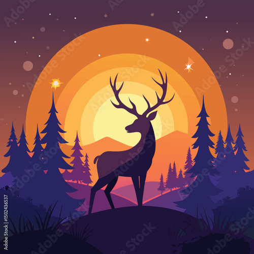 Whimsical forest animal silhouettes perfect for Christmas, featuring deer, reindeer, and other wild mammals under a moonlit or sunset sky