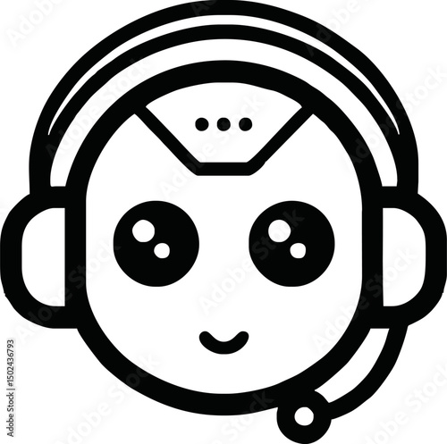 Cute AI robot head with and a headset, flat vector line icon style, minimal details, white background